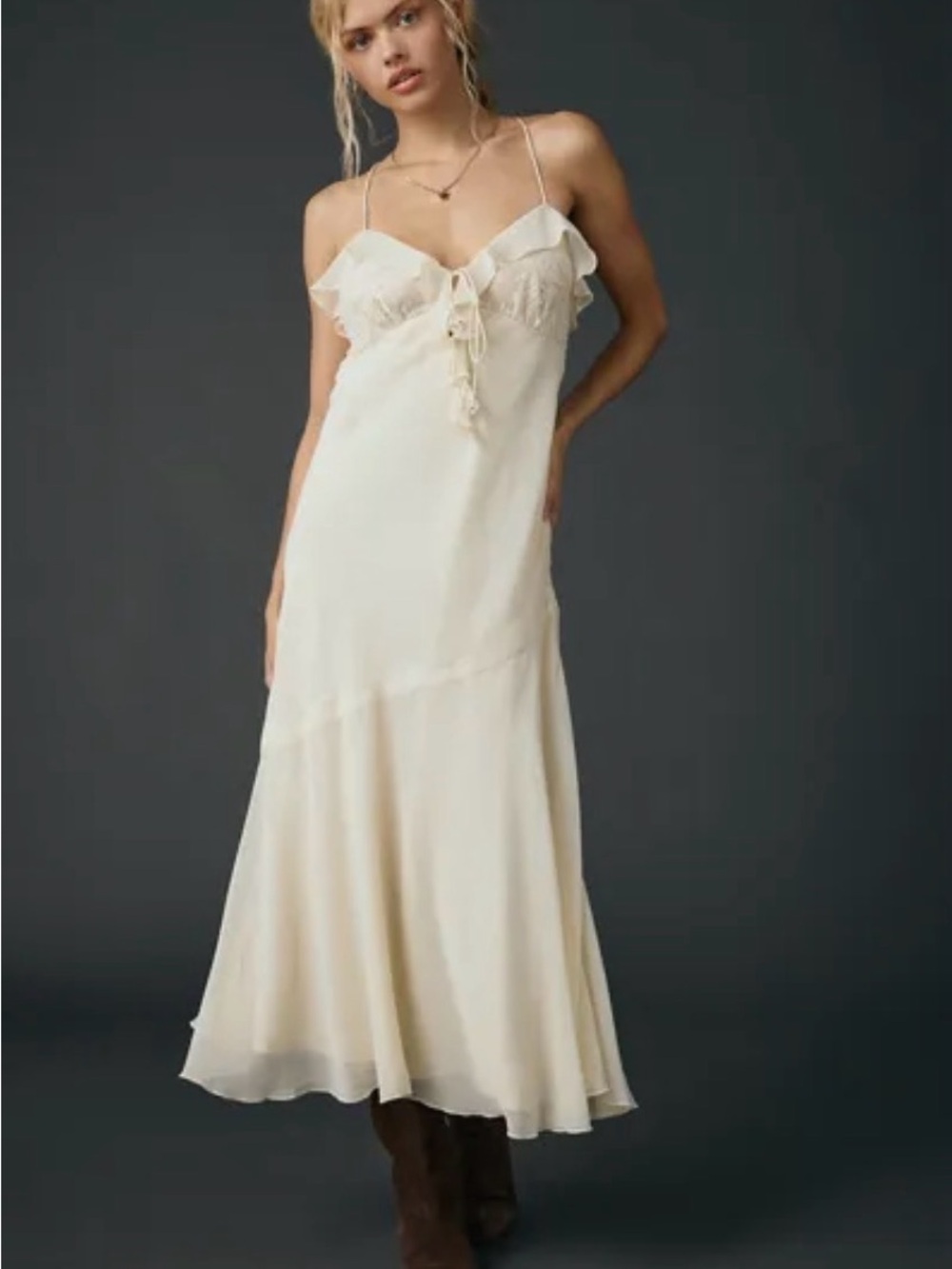 Kimchi Blue Cream Ruffle-Trim Slip Maxi Dress